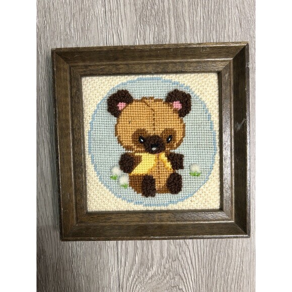 Vintage Nursery Decor Needlepoint Crewel Teddy Bear Framed 6” - Picture 2 of 6